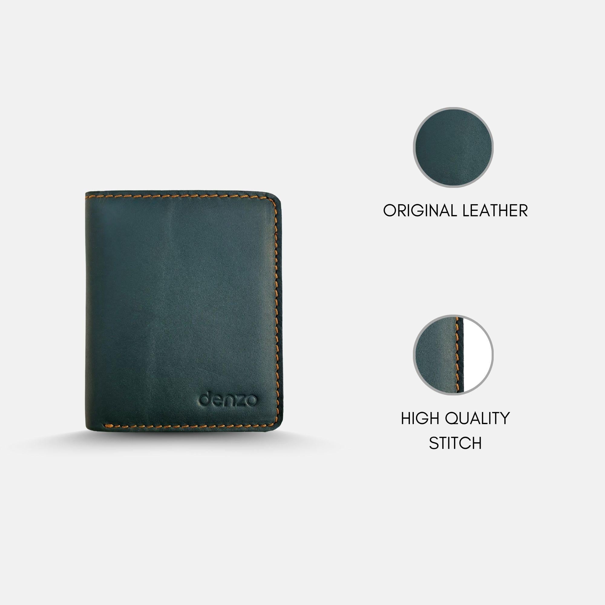 A Timeless Green Bi-Fold Leather Wallet with RFID Protection by Denzo Fashion is showcased against a white background, featuring the brand&