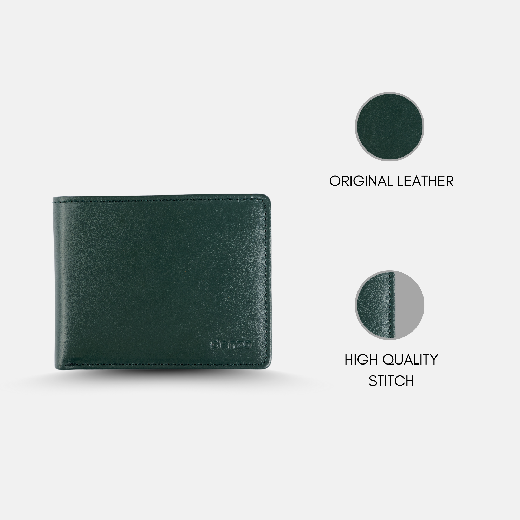 The Denzo Fashion Vintage Legacy Wallet, featuring a timeless design, is displayed against a white background. On the right, two circular insets emphasize the authentic leather texture and demonstrate the expert craftsmanship evident in every high-quality stitch detail.