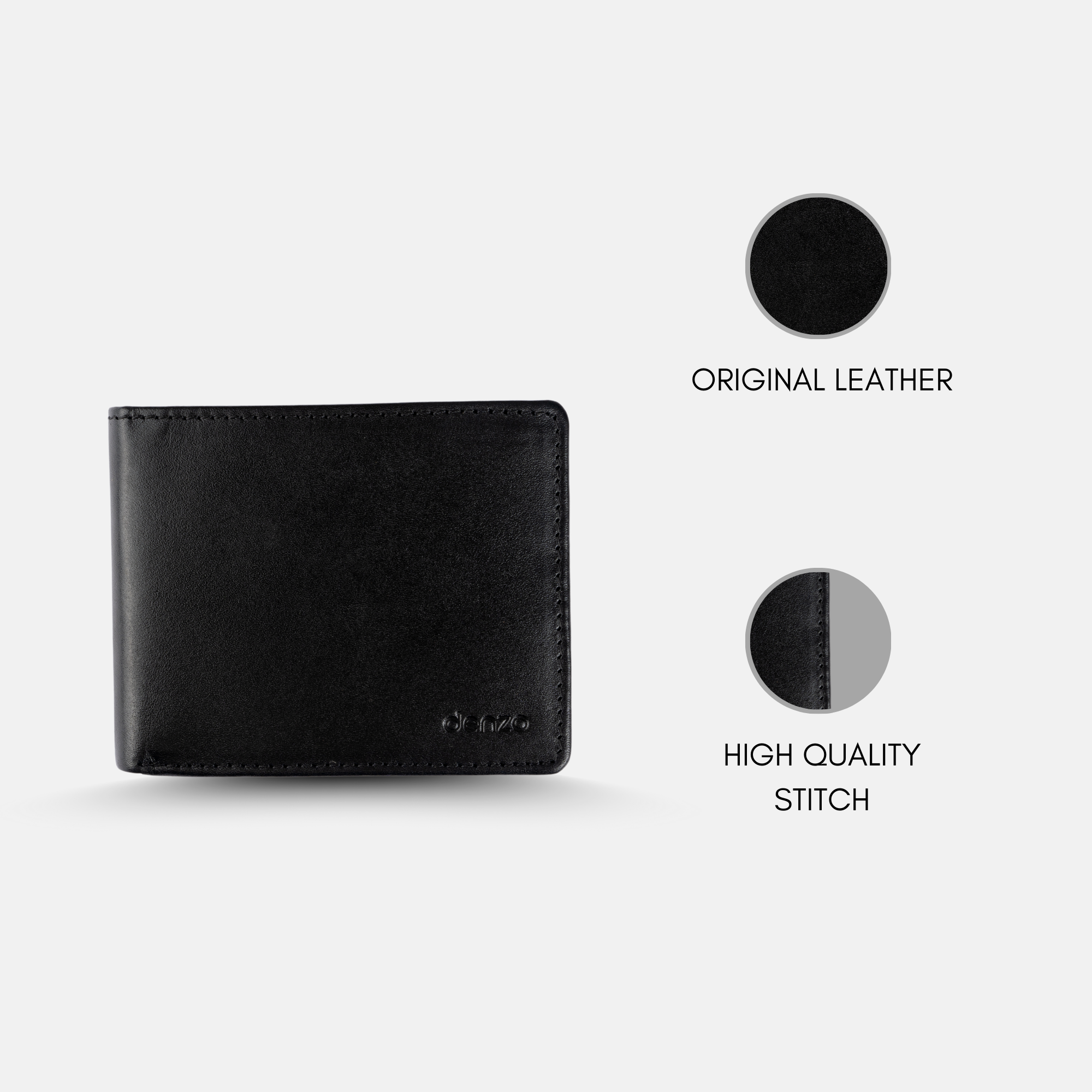 The Vintage Legacy Wallet by Denzo Fashion, expertly crafted from rich black leather, is beautifully presented against a white backdrop. Two circular inset images emphasize its timeless design, showcasing the original leather texture and immaculate high-quality stitching, a testament to its expert craftsmanship.