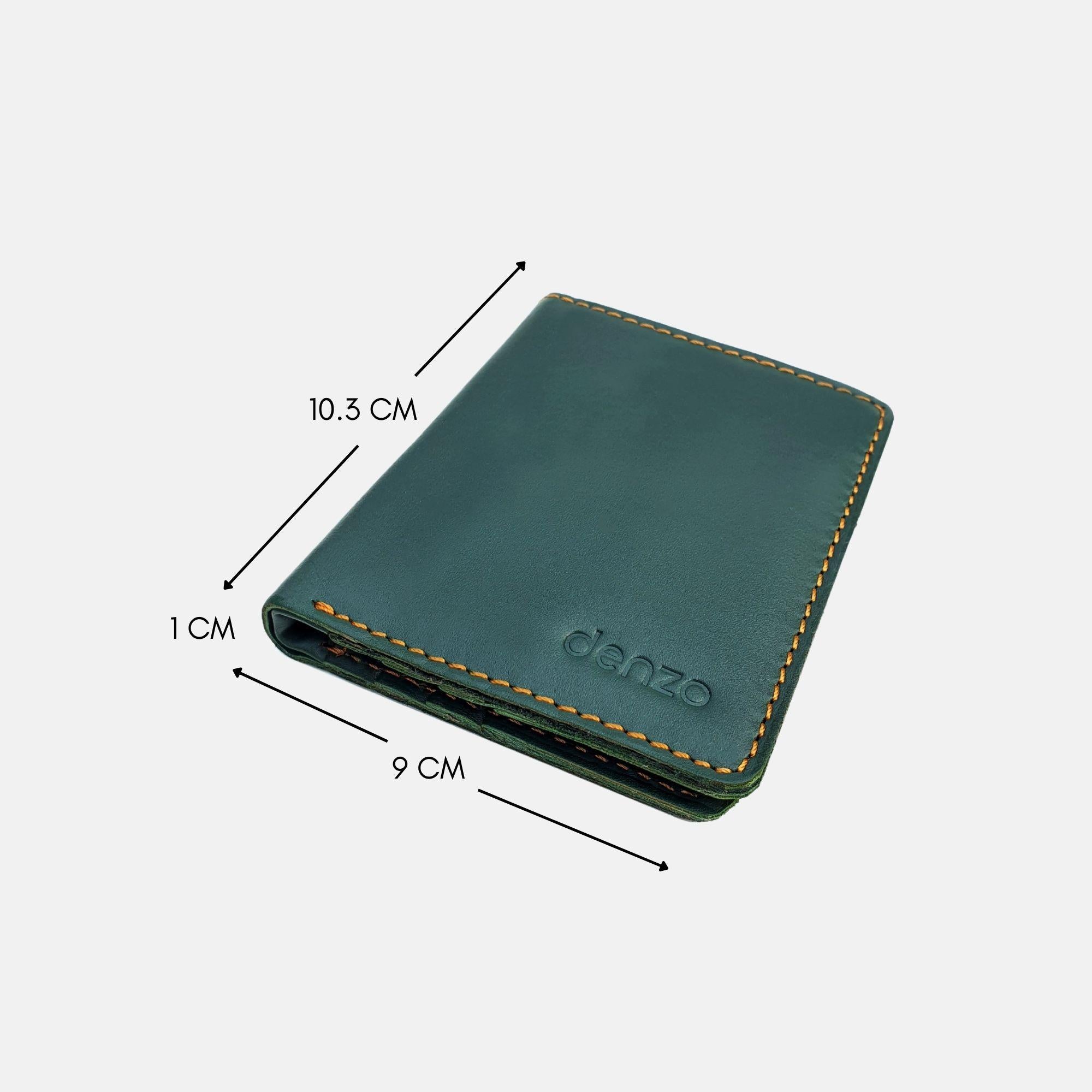 The Timeless Green Bi-Fold Leather Wallet with RFID protection by Denzo Fashion is a premium accessory, measuring 10.3 cm by 9 cm and just 1 cm thick, featuring yellow stitching and the "denzo" brand name embossed on the front.