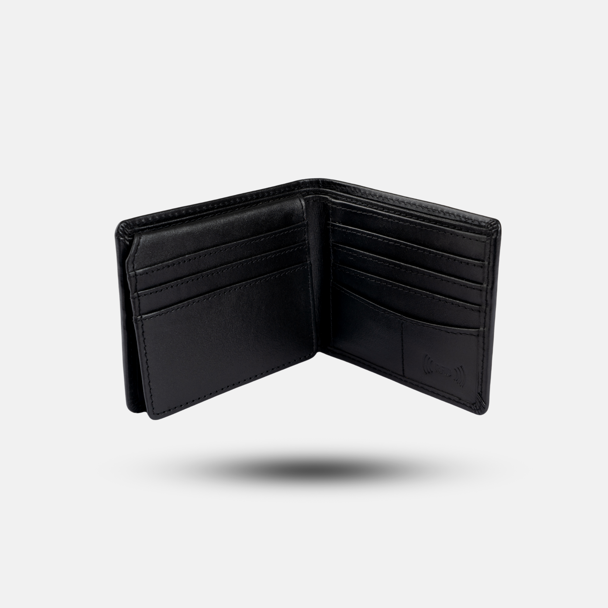 The Denzo Fashion Vintage Legacy Wallet in open black leather offers a classic design, showcasing multiple card slots set against a light gray backdrop. Its expert craftsmanship is clear, with shadows giving the impression of it elegantly floating.