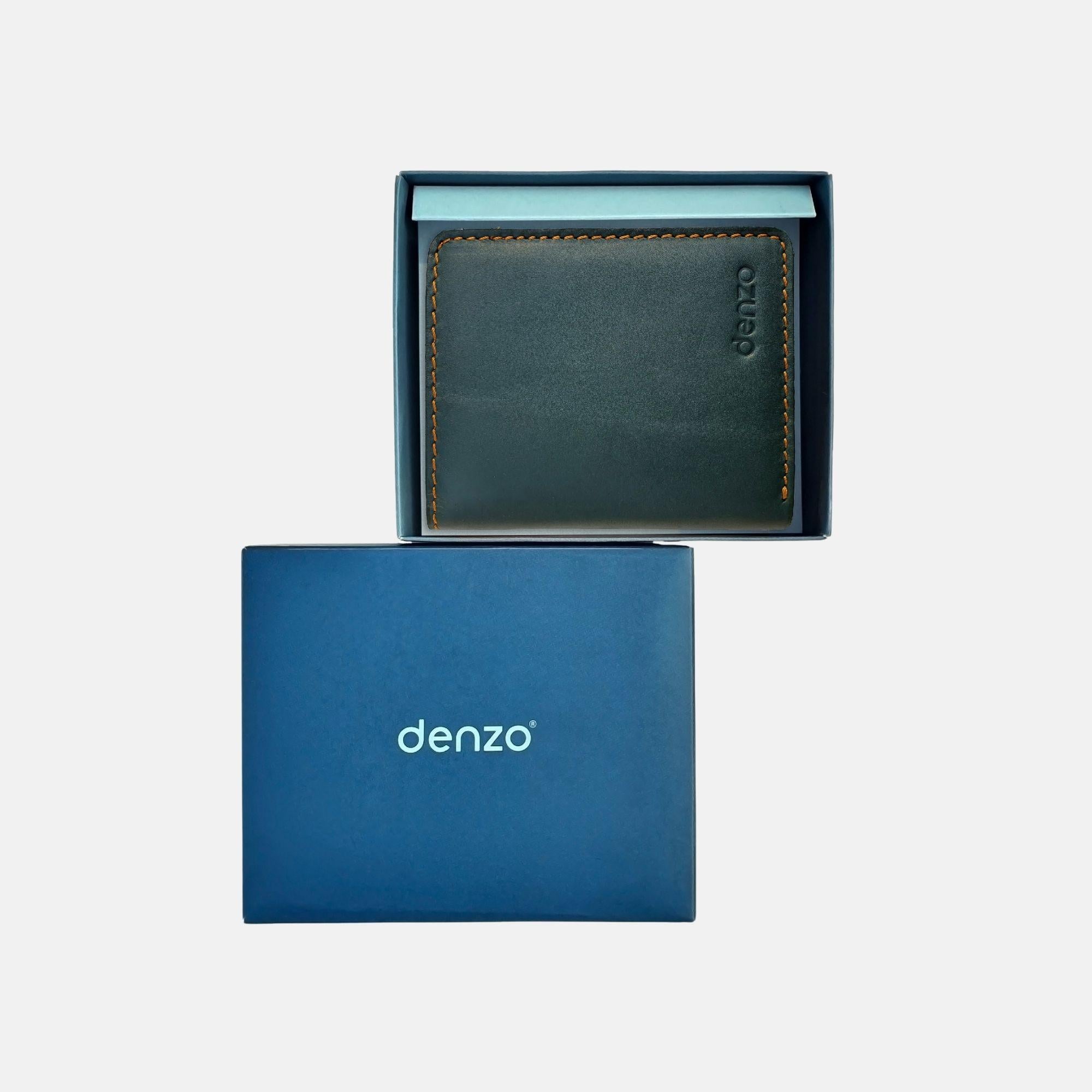 The Timeless Green Bi-Fold Leather Wallet with RFID Protection by Denzo Fashion is presented in an open blue box adorned with the Denzo branding. The premium leather wallet, featuring visible stitching, is elegantly displayed inside.
