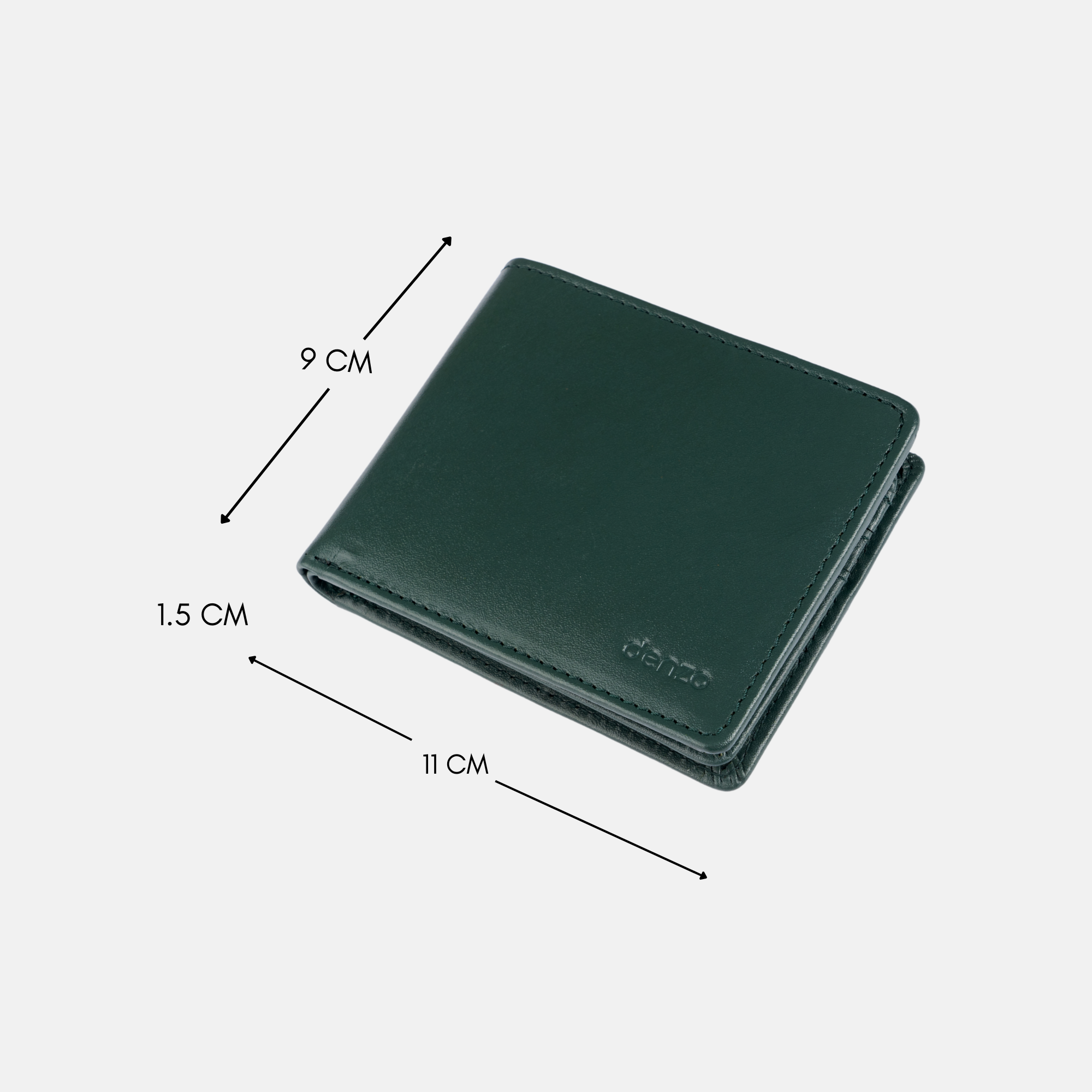 Introducing the Vintage Legacy Wallet by Denzo Fashion, a timeless design crafted with expert craftsmanship. This green leather wallet features an embossed logo and boasts dimensions of 11 cm in width, 9 cm in height, and 1.5 cm in depth.