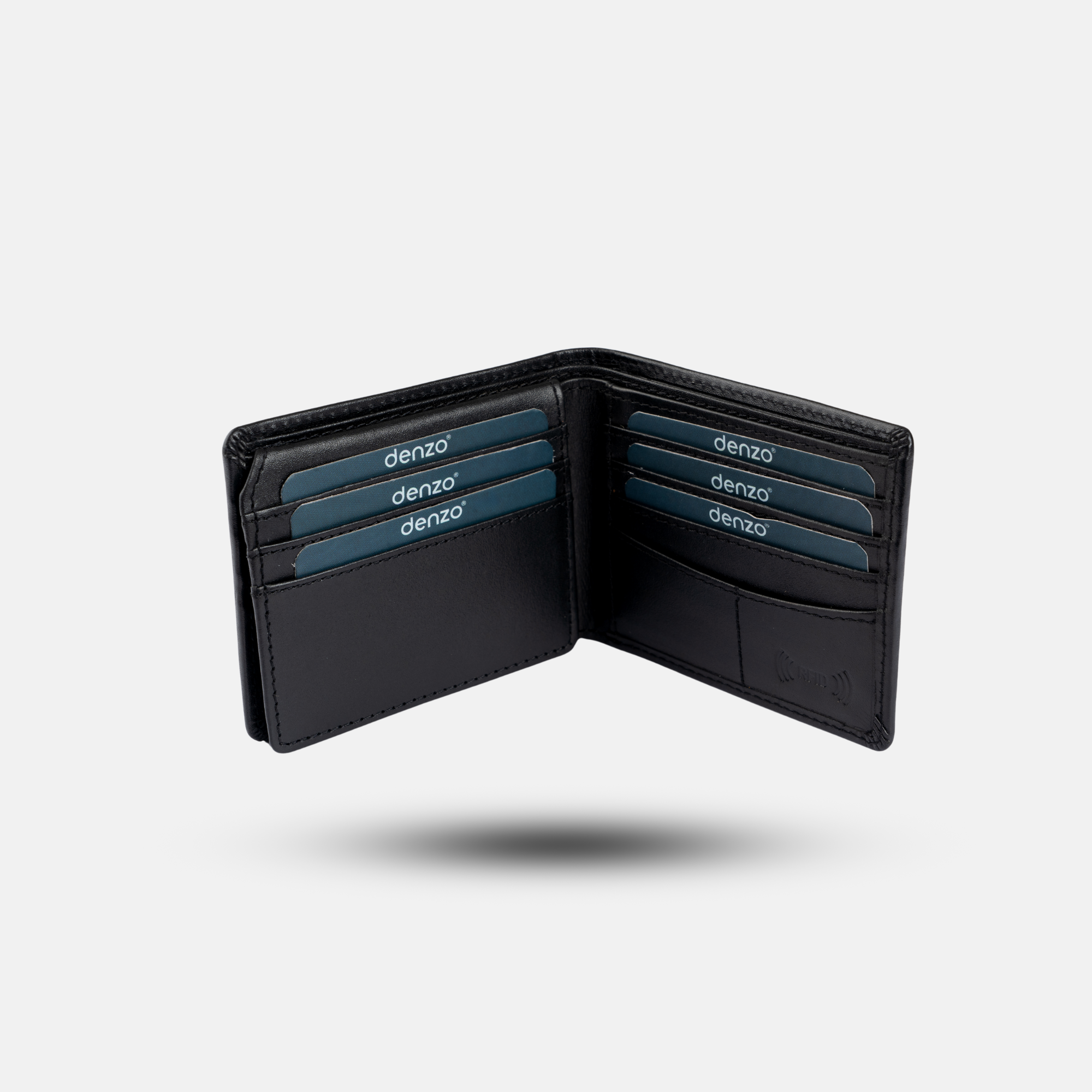 The Vintage Legacy Wallet by Denzo Fashion, crafted from fine black leather, showcases exquisite craftsmanship with several blue cards bearing the Denzo name neatly arranged in its card slots. Photographed against a simple gray background with a delicate shadow underneath, this wallet epitomizes a timeless design.