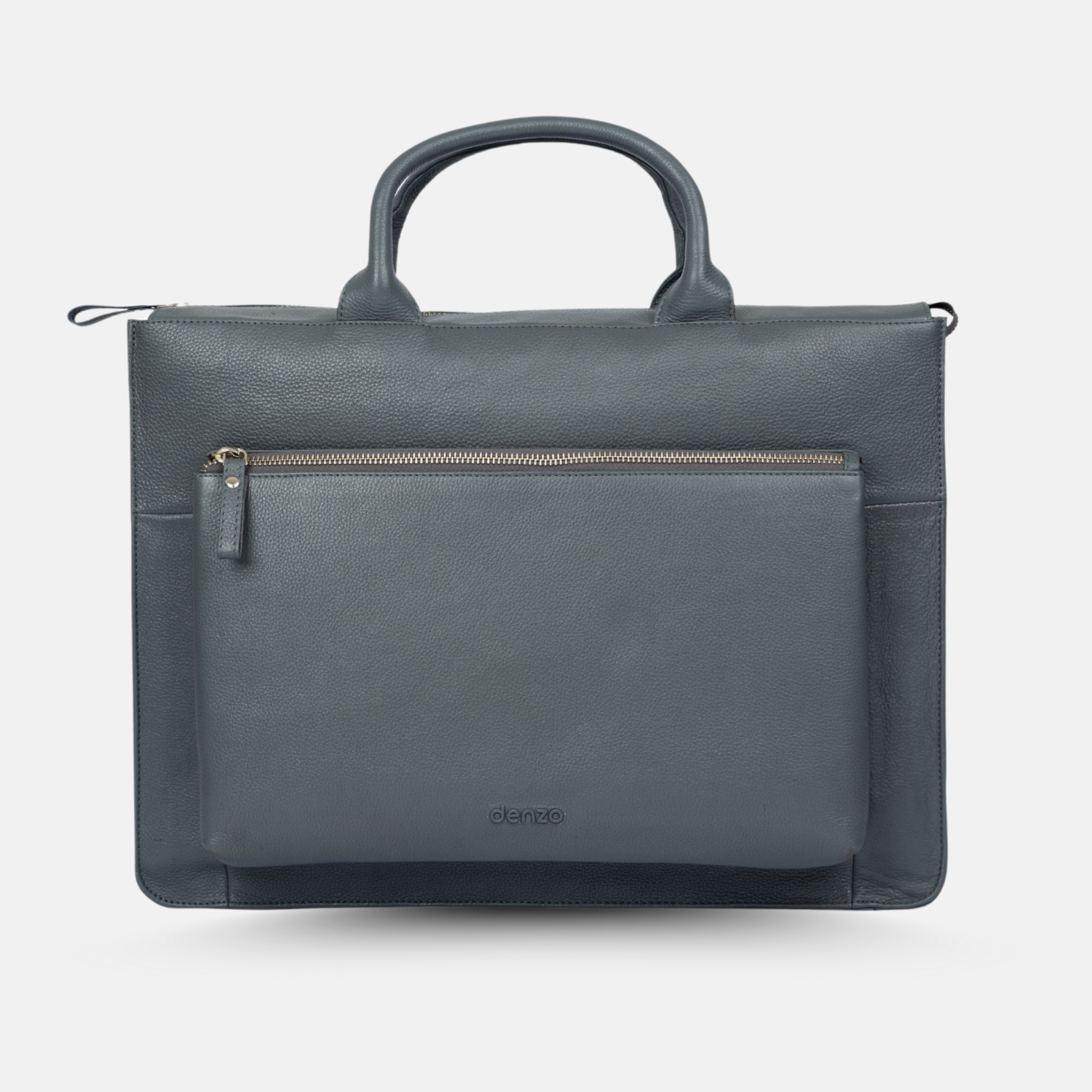Gray leather laptop bag with dual handles and a front zippered pocket. The bag has a sleek and minimalist design, featuring a subtle brand logo at the bottom of the pocket.