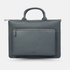 Gray leather laptop bag with dual handles and a front zippered pocket. The bag has a sleek and minimalist design, featuring a subtle brand logo at the bottom of the pocket.