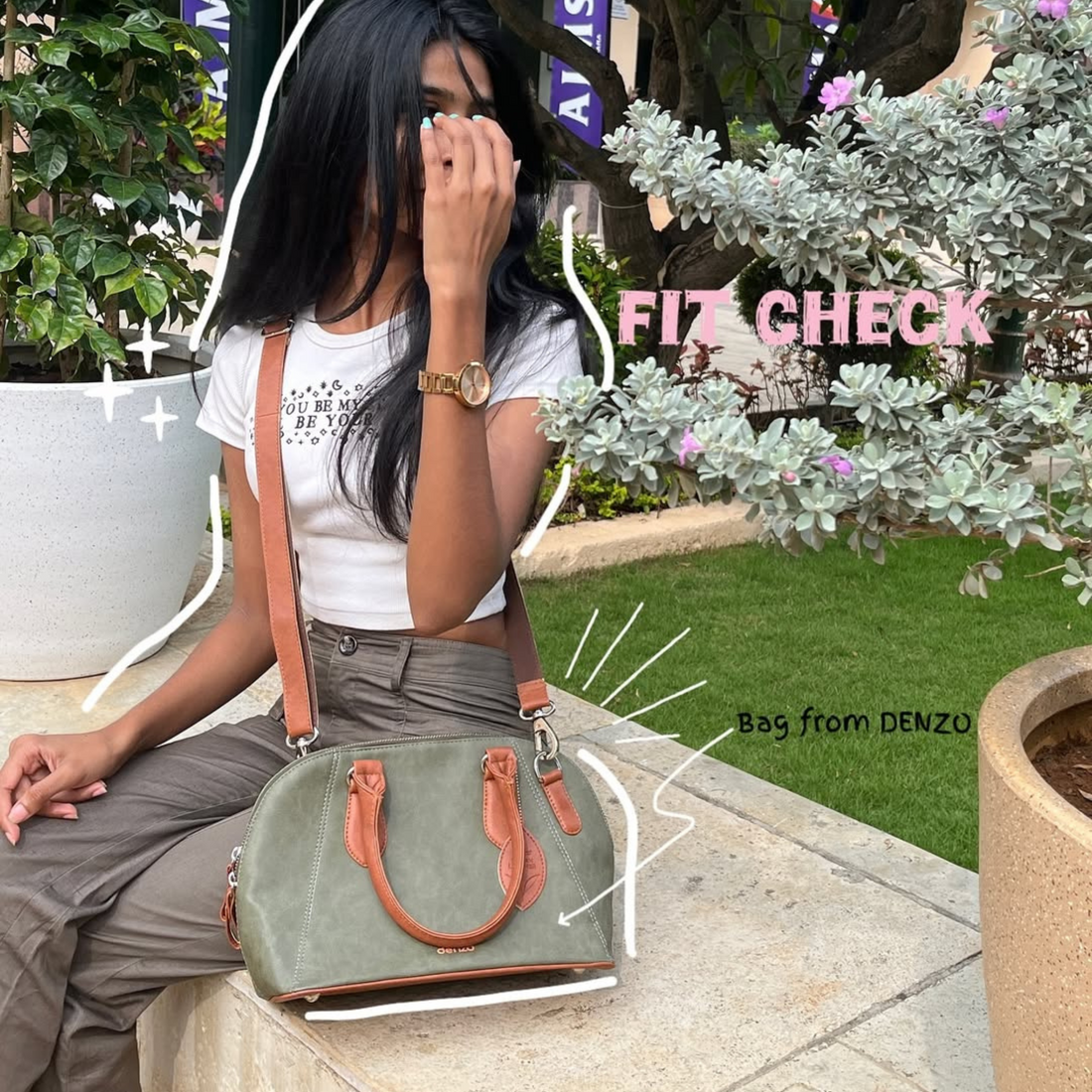 Sandstone Handbag with Sling (Tan &amp; Green)