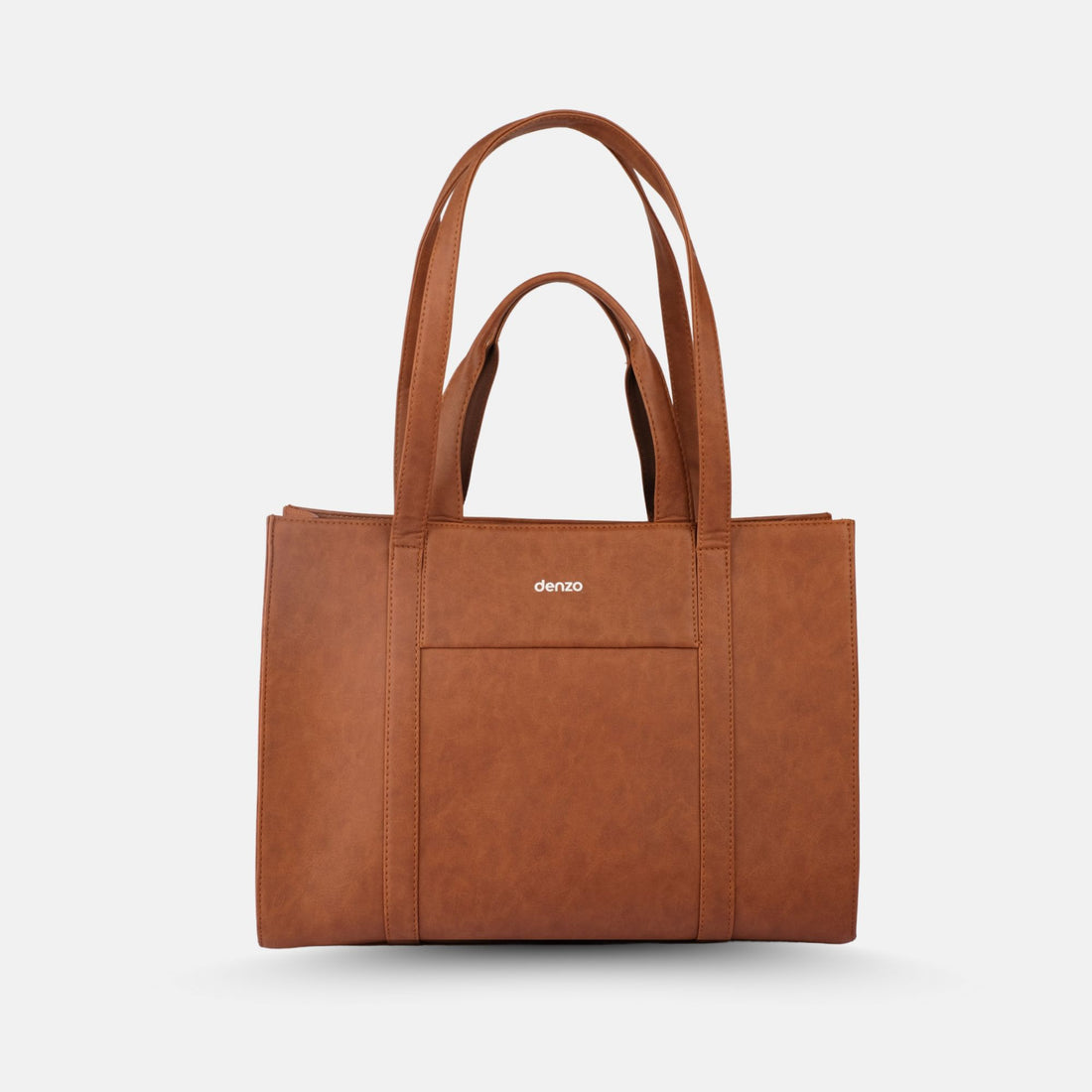 A Lady Leader Tan Tote crafted from vegan leather, featuring two short handles and longer shoulder straps. The bag includes a square pocket on the front, with the &quot;denzo&quot; brand name elegantly printed above it.